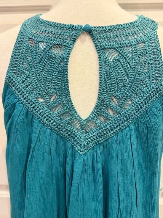 NWT Shyanne Teal Crochet Lace Yoke Boho Swing Dress M - Picture 9 of 10